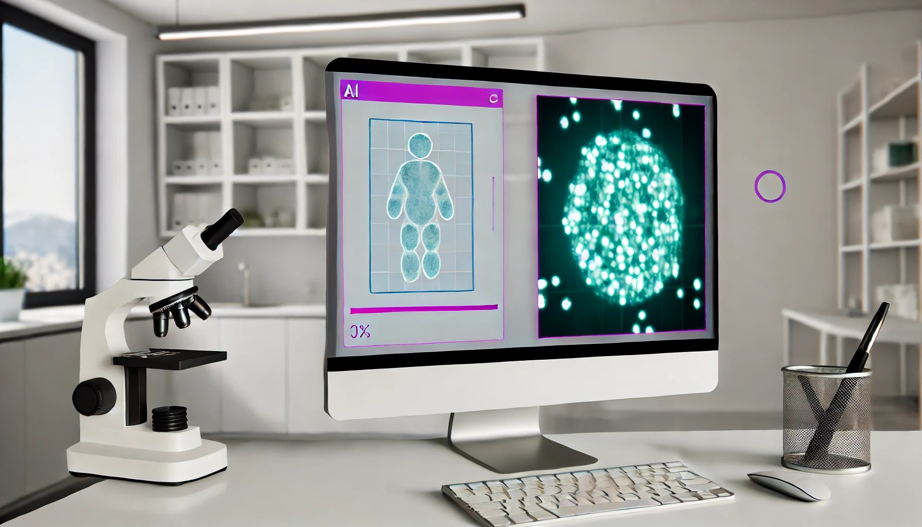 a futuristic medical laboratory with advanced AI technology analyzing cellular structures at a nanoscale level