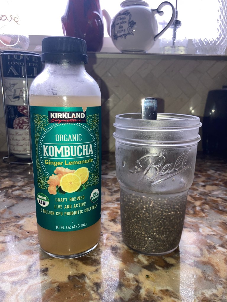 Kirkland Kombucha Lemon Ginger flavor bottle. With Chia Gel. Ready to make Chia Seed Kombucha.