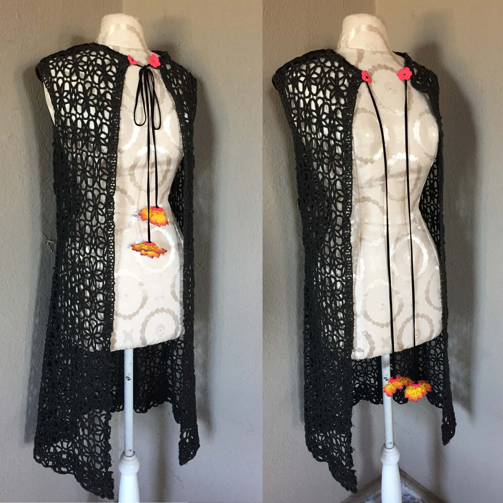 60s Mod Vest Black Lace Cording Flowers | The Remix Vintage Fashion