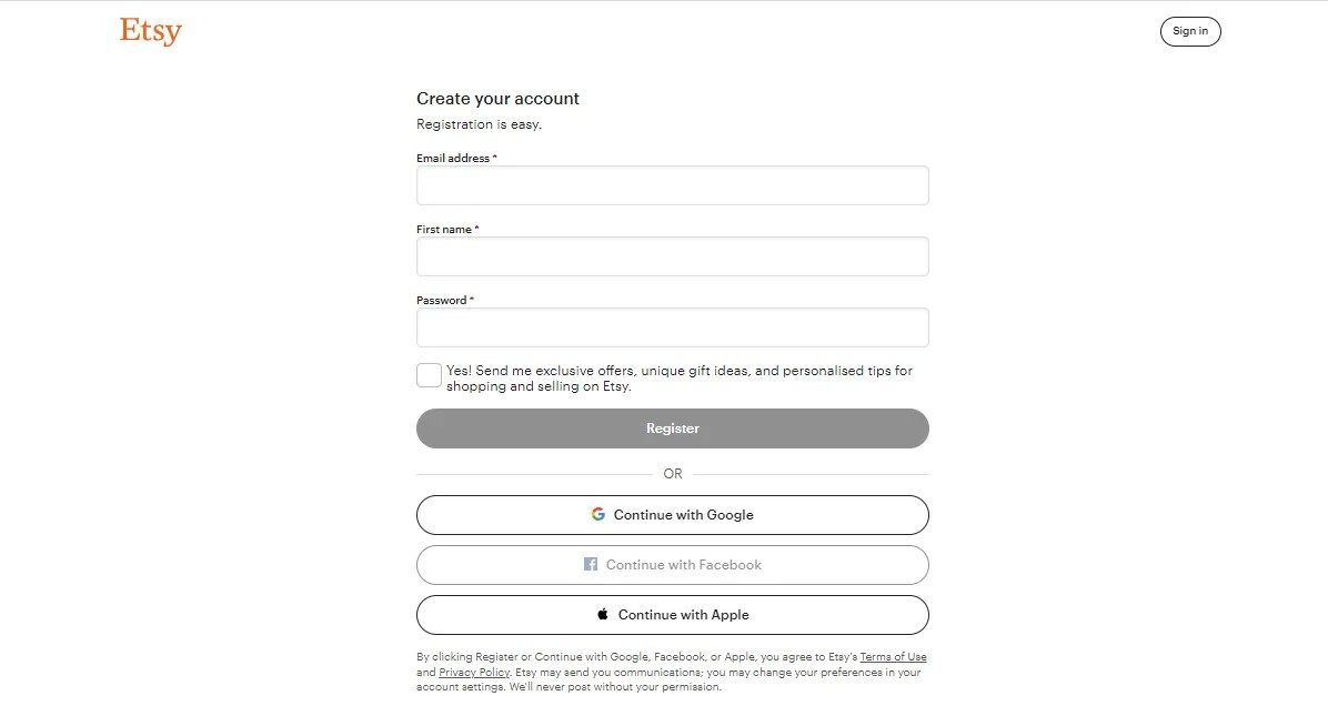 Etsy sign up page