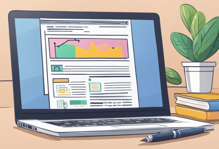 A laptop displaying a blog with "Frequently Asked Questions: How to make Money" and various freelance job listings. A pen and notebook sit nearby