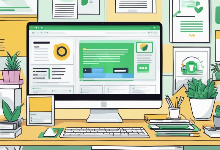 A computer screen displaying top-ranked Fiverr gigs, surrounded by positive client reviews and a stack of completed orders