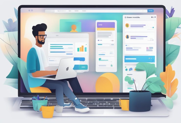 A laptop with the Contra.com website open, showing a user browsing through freelance profiles. The screen displays various categories and search filters, with a sleek and user-friendly interface