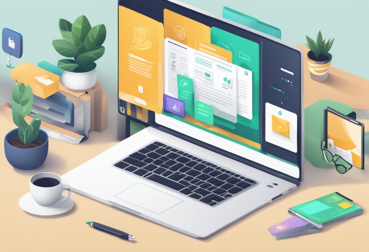 A laptop with Contra.com homepage open, showcasing various freelance services and features. Icons representing different categories like design, writing, and marketing are visible. The interface is clean and user-friendly