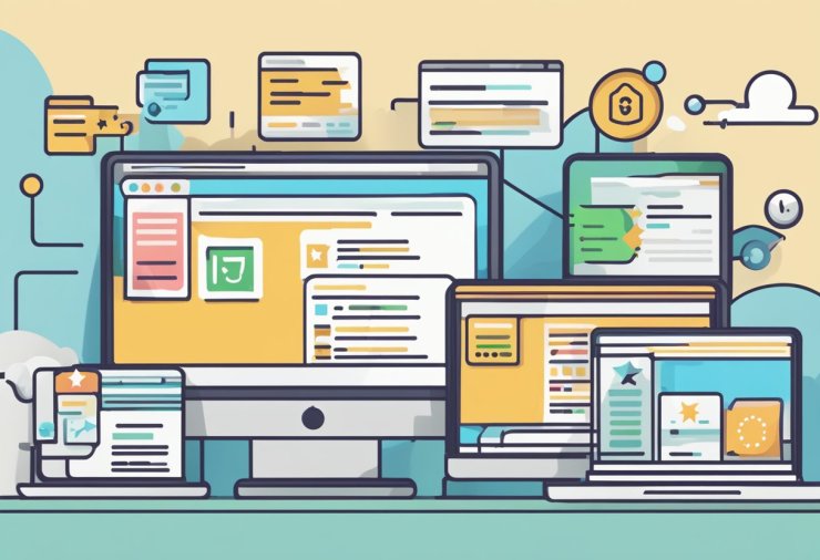 A computer screen displaying Contra.com with positive review text and 5-star rating. Multiple tabs open showing user-friendly interface and reliable performance