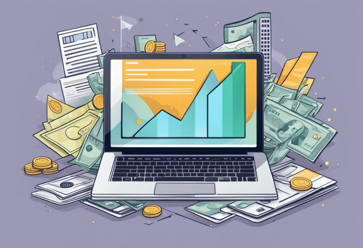 A laptop with a blog homepage displayed, surrounded by money and freelance job symbols, and a large arrow pointing towards the screen