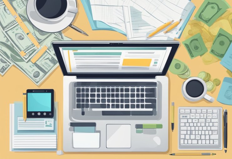 A laptop displaying a blog with "Monetizing Your Blog How to make Money" and "Freelance Jobs" sections, surrounded by money, a pen, and a notepad