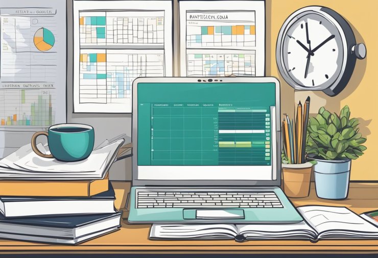 A busy home office with modern technology, a laptop, and a calendar showing a fully booked schedule. A stack of business books and a whiteboard with strategic plans and goals