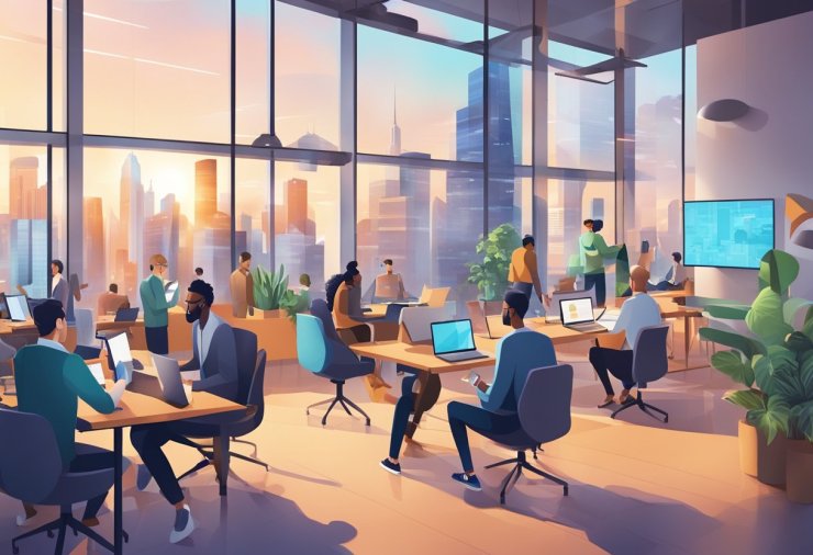 A bustling cityscape with diverse professionals networking at a modern co-working space, while others collaborate remotely through digital platforms. The scene exudes energy and innovation, reflecting the dynamic landscape of freelance business consulting in 2024
