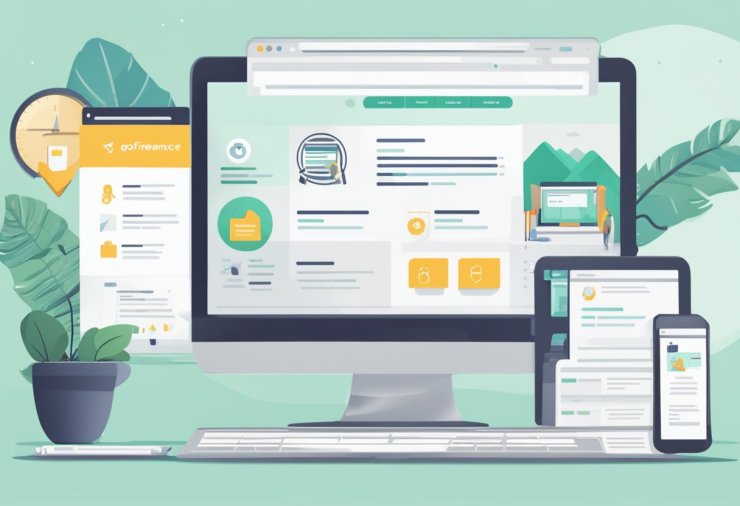 The website Gofreelance.ae is displayed on a computer screen, with various freelance job listings and profiles visible. The interface is clean and user-friendly, with a modern and professional design