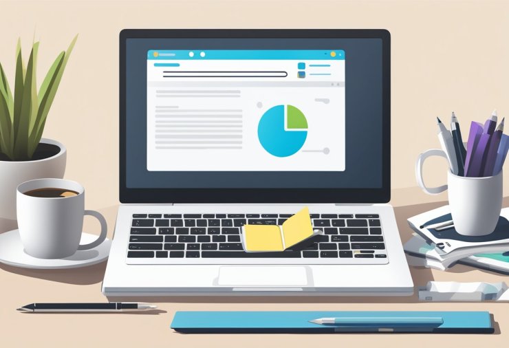 A laptop with the Gofreelance.ae website open, surrounded by a notepad, pen, and coffee mug. The screen shows a detailed review being typed out