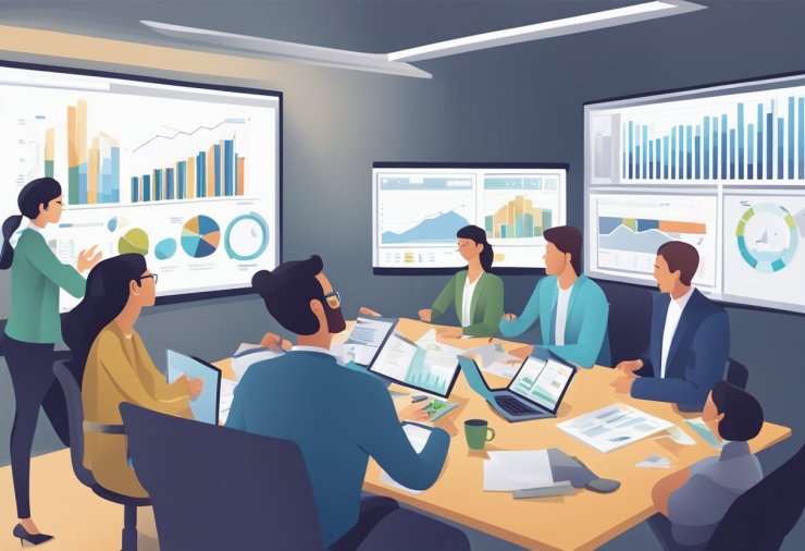 A team of professionals gathered around a table, engaged in a lively discussion, with charts and graphs displayed on a screen in the background