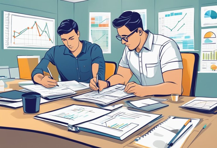 An agency owner sits at a desk, brainstorming with a business coach. Charts and graphs cover the walls, showing growth opportunities