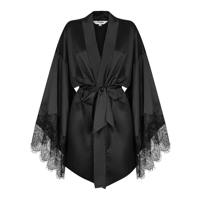 LUXE PERSONALISED BLACK LACE SHORT ROBE - BLACK LACE DETAILS | Renae's World Luxe Personalised Black Lace Short Robe - Black Lace Details