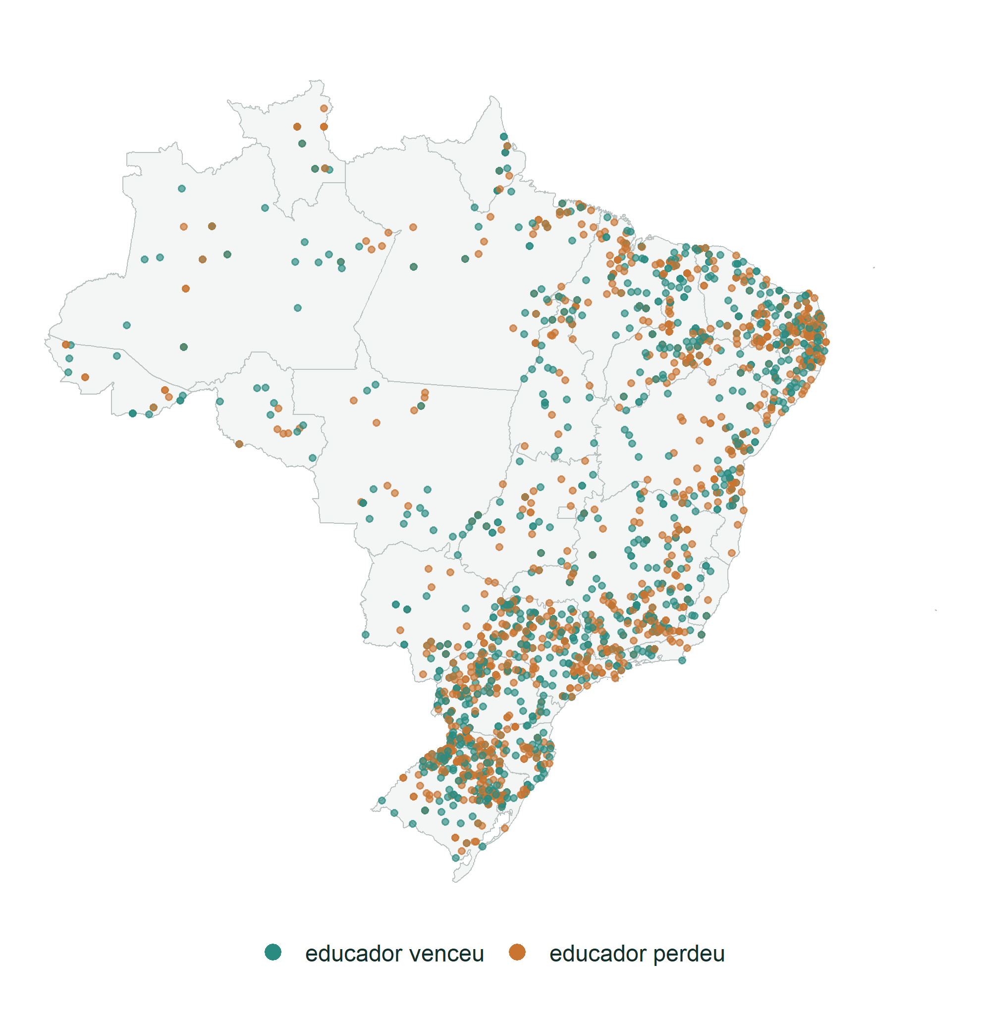 Mapa do Brasil com um ponto para cada disputa apertada para prefeito entre um educador e um não educador, em verde quando o educador venceu e em laranja quando perdeu. Os pontos se espalham por todas as regiões do país.