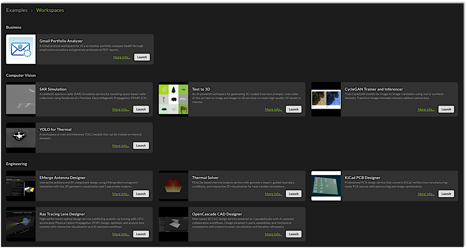 A library of example AI agent design workspaces available in Rendered.ai's Agent Studio.