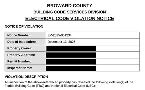 Broward County Electrical code violation notice.