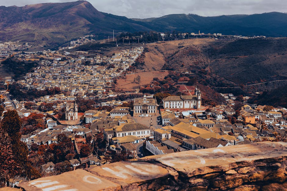 Stunning aerial view of Ouro Preto's historic architecture and landscape in Minas Gerais, Brazil.