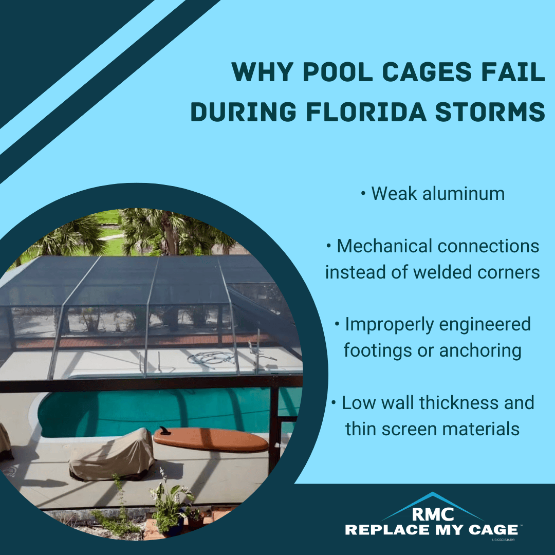 A pool cage with storm damage is shown next to text listing reasons for failure in Florida storms, including weak aluminum, poor connections, bad footings, and thin materials. The RMC Replace My Cage logo is at the bottom.