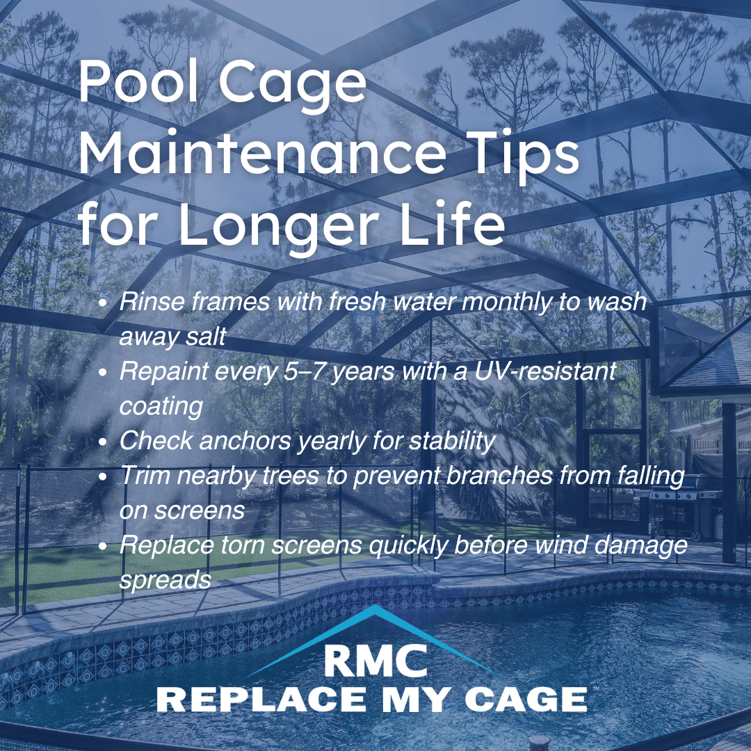 Pool cage in a backyard with maintenance tips listed, including washing frames, repainting, checking anchors, trimming trees, and replacing torn screens. RMC Replace My Cage logo at the bottom.