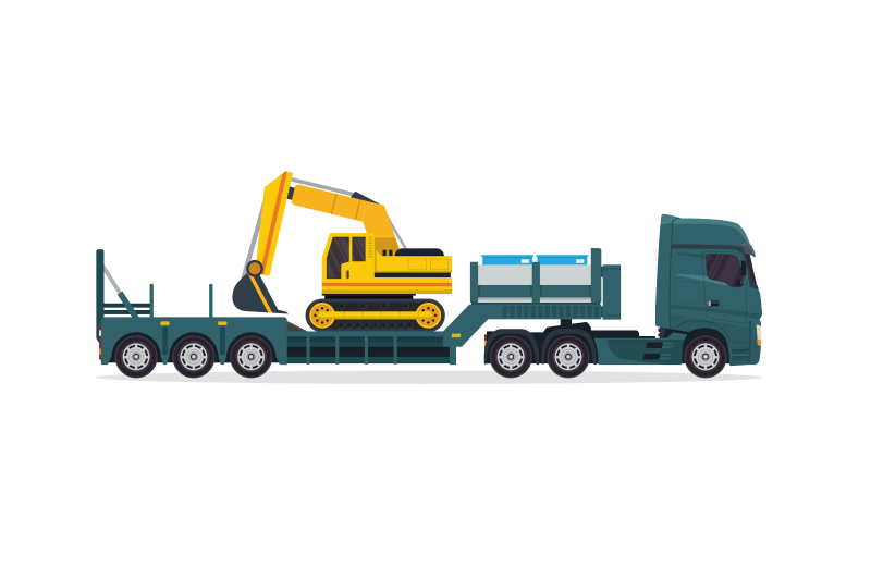 Flatbed truck carrying excavator to a construction site