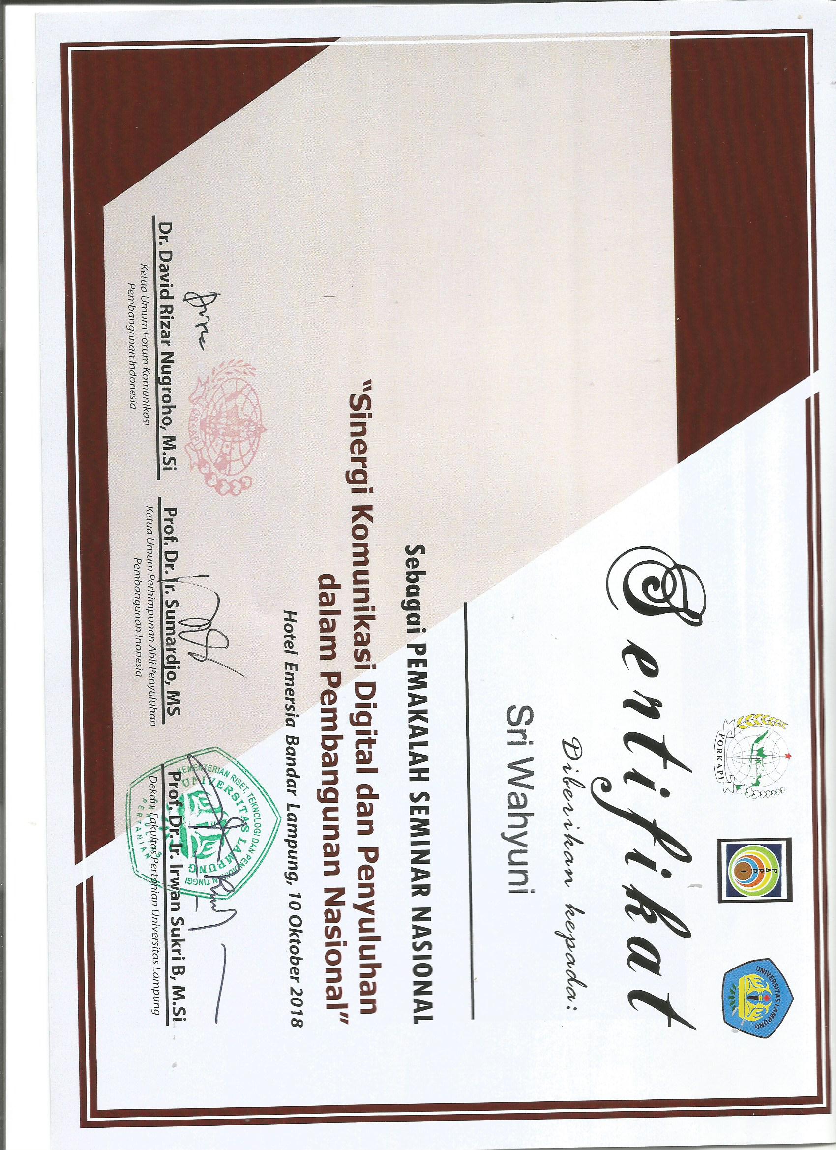 Karena dengan memiliki sertifikat seminar, maka hal itu bisa menjadi bukti . Sertifikat Seminar Nasional Lampung Document Repository Universitas Andalas
