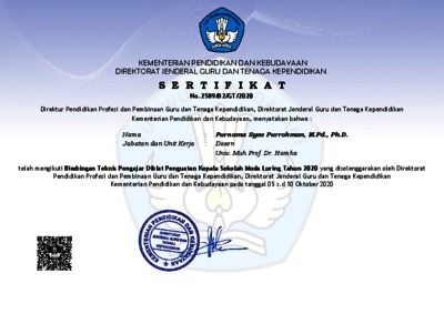 Which uses data management applications namely dapodik sim, sim tendik,. Sertifikat Purnama Sy Bimbingan Teknis Pengajar Diklat Penguatan Kepala Sekolah Moda Luring Tahun 2020 Repository Uhamka