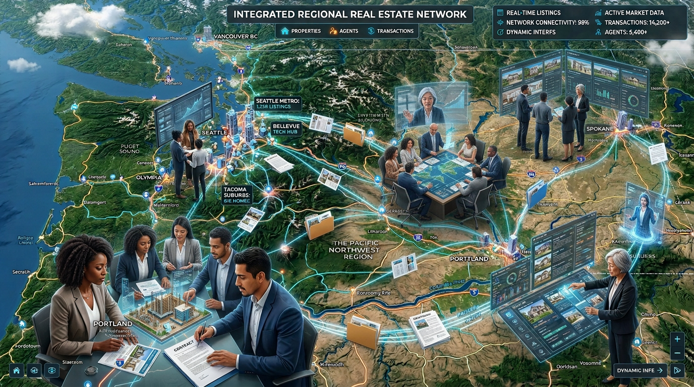Map of Pacific Northwest real estate network connecting Vancouver, Seattle, Portland, and Spokane