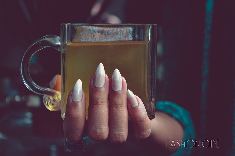 Gradient French Manicures and Square Clear Glass Mugs