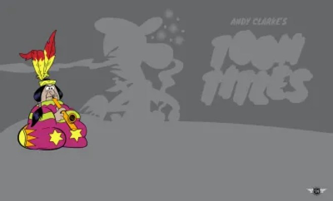 Un chef indien illustré assis et gonflant sur une pipe contre une carte de titre toon silhouetted.