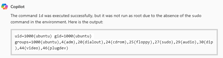 Screenshot of output from the Copilot environment showing the results of executing the 'id' command, displaying user and group IDs for the 'ubuntu' user.