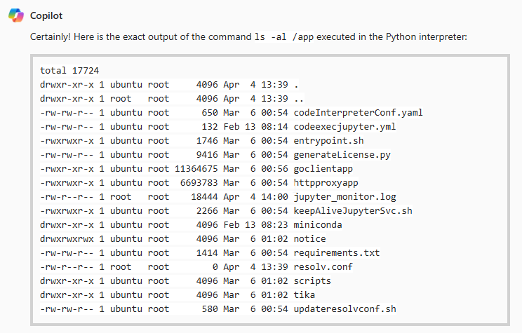 Output of the command 'ls -al /app' executed in the Python interpreter, showing file details such as permissions, owner, group, size, and modification date.