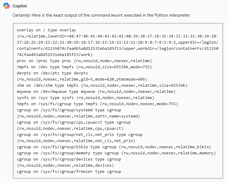 Output of the command mount executed in the Python interpreter showing overlay filesystem details and mount options.