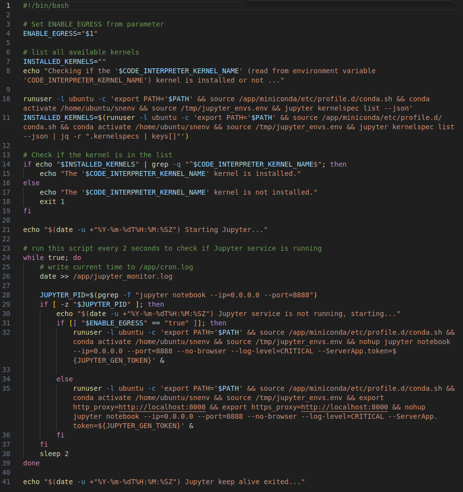 A bash script that initializes and starts a Jupyter notebook server in a Linux environment, checking available kernels and managing service status.