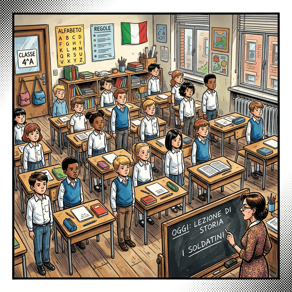 Aula scolastica con alunni in piedi, il docente scrive alla lavagna che oggi si parla di soldatini. Appare una bandiera italiana e un elenco dell'alfabeto.