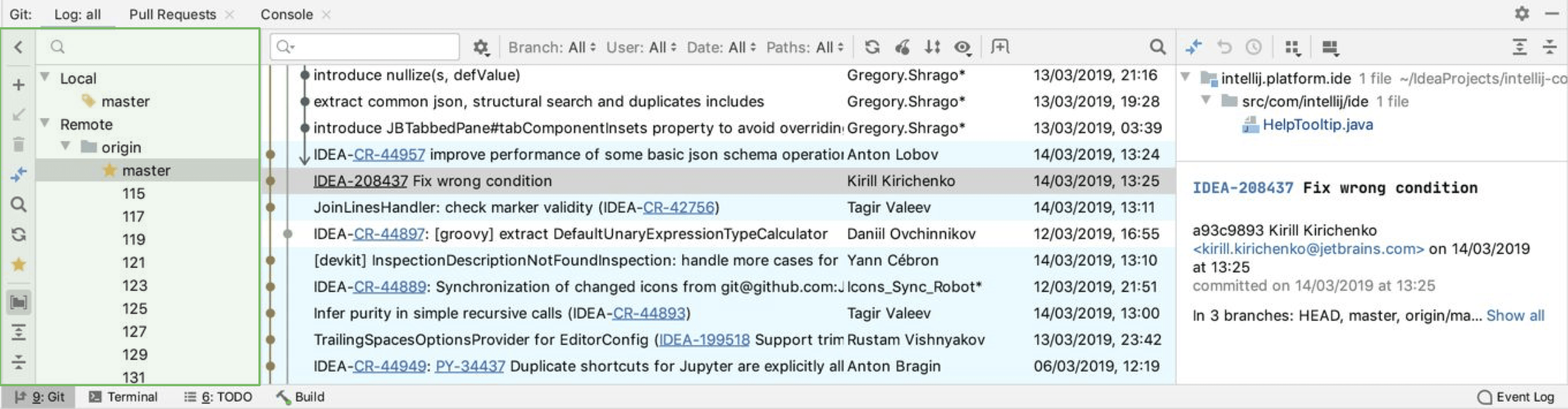 Manage Git Branches Pycharm