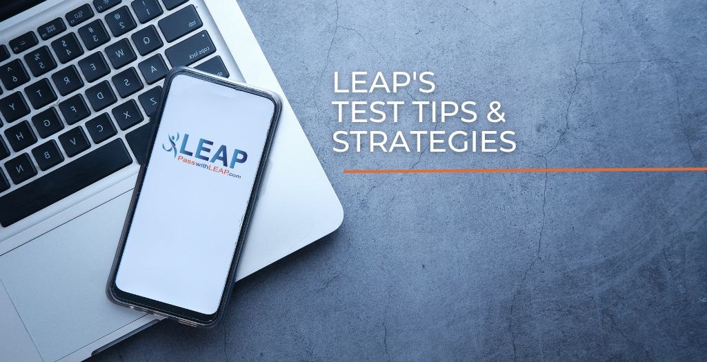 A phone with the LEAP logo on top of a laptop along with the headline, "LEAP's Test Tips & Strategies".