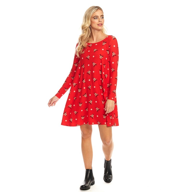 Fluid Damen Weihnachten Swing Kleid Rot