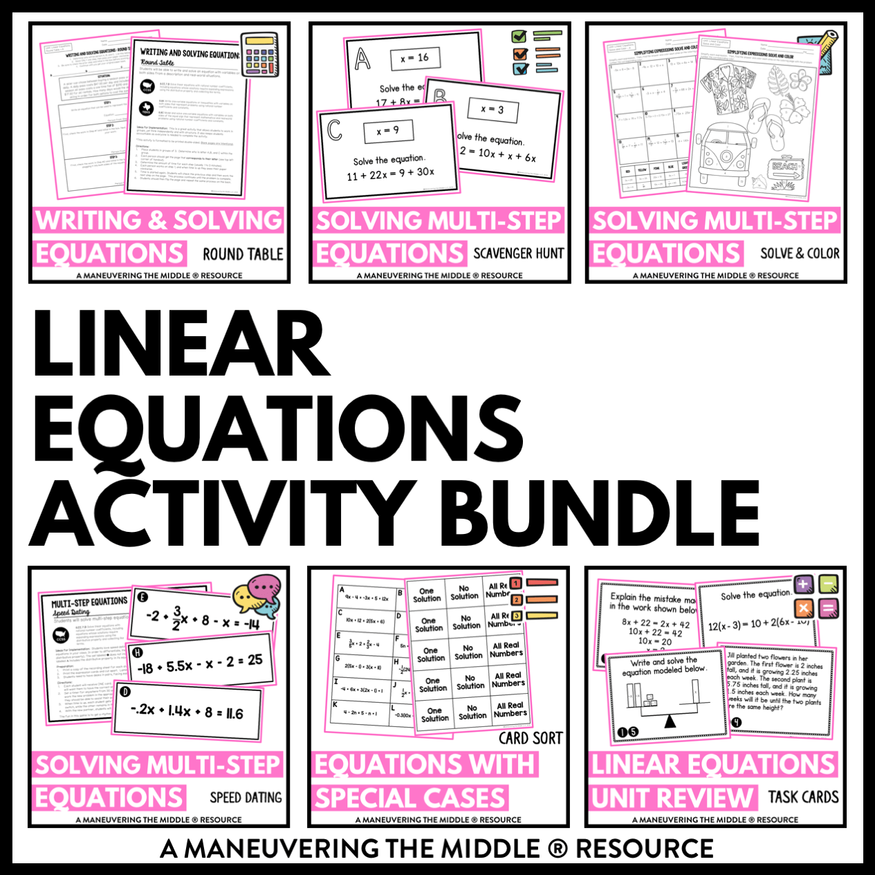 Solving a 3 by 3 system of equations using matrices: Linear Equations Activity Bundle 8th Grade Maneuvering The Middle