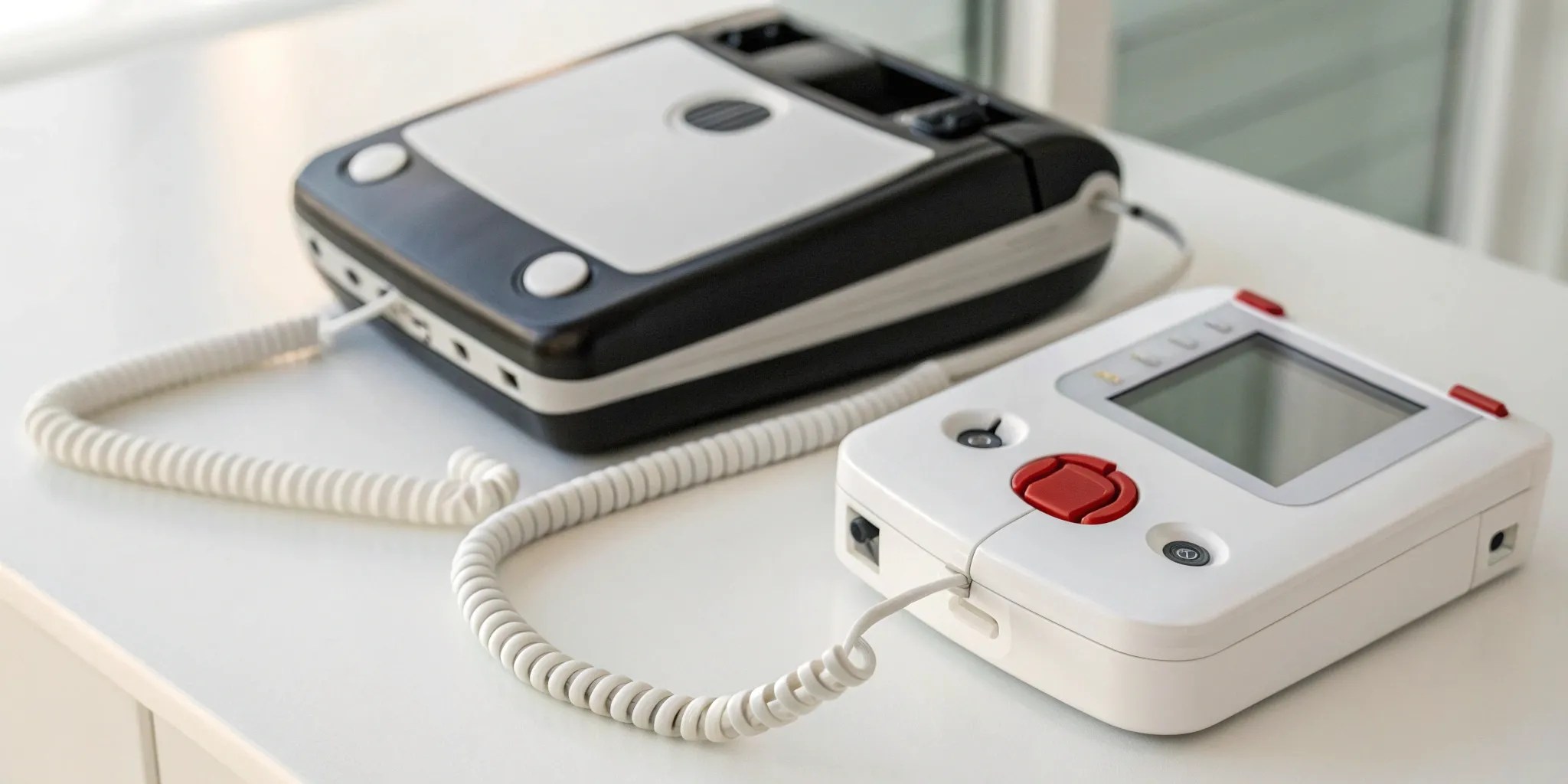 Side-by-side comparison of an AED and a manual defibrillator.