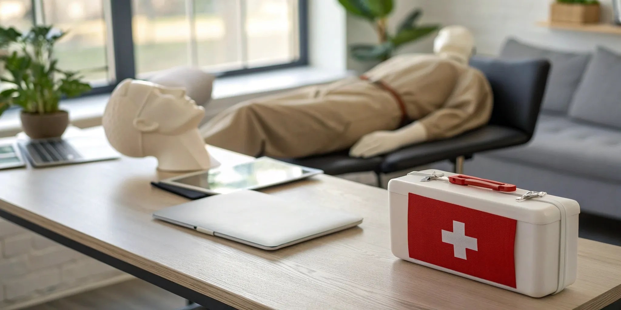 Workplace CPR training station with a practice mannequin and first aid kit.