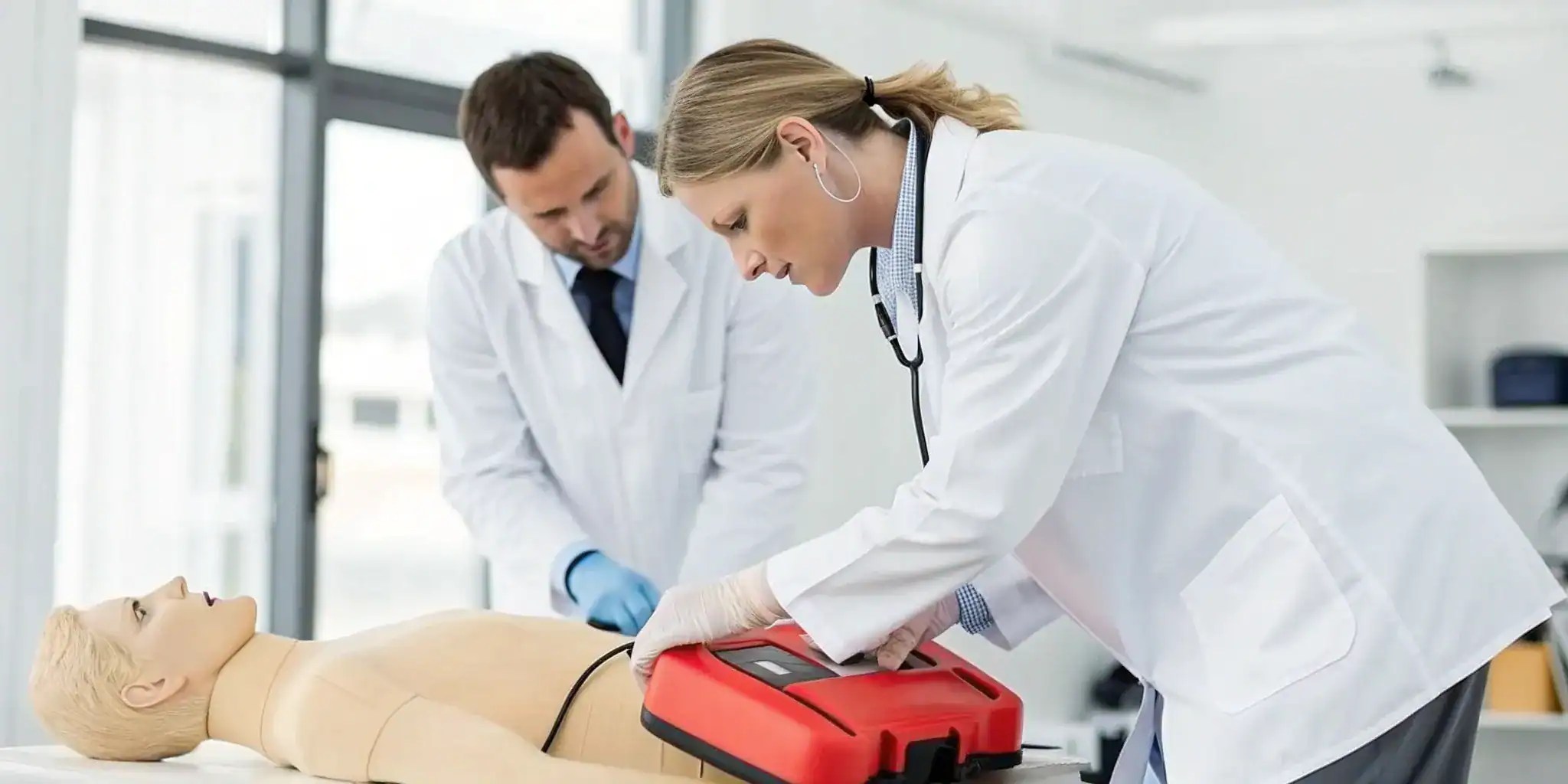 Medical professionals training with an AED on a manikin, a key step for the AED registration process.