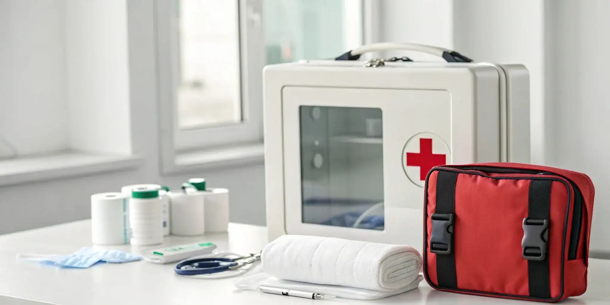 An AED in its cabinet and a first aid kit, part of meeting workplace AED requirements.