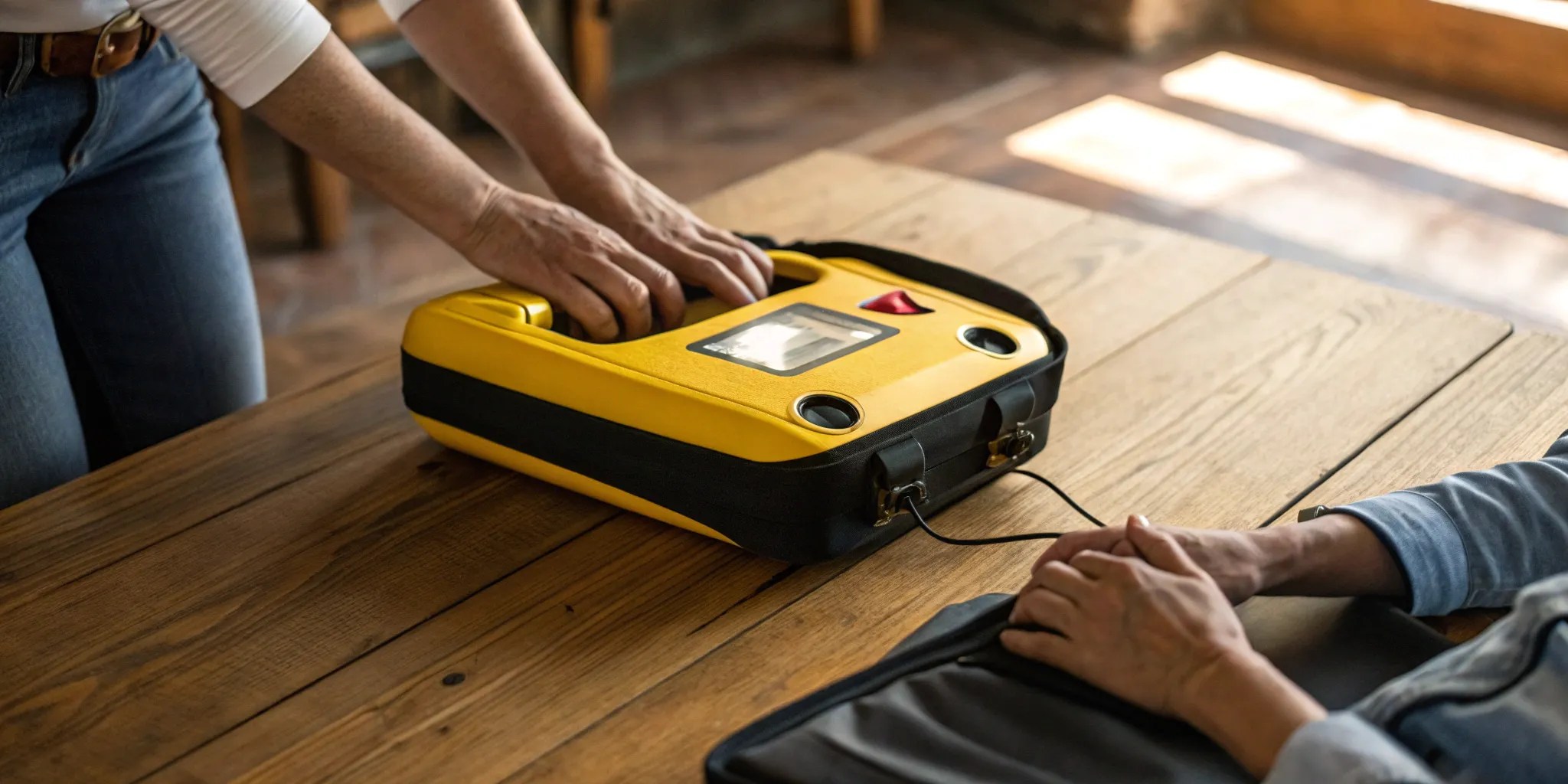 A person setting up the Defibtech Lifeline AED during an emergency training session.