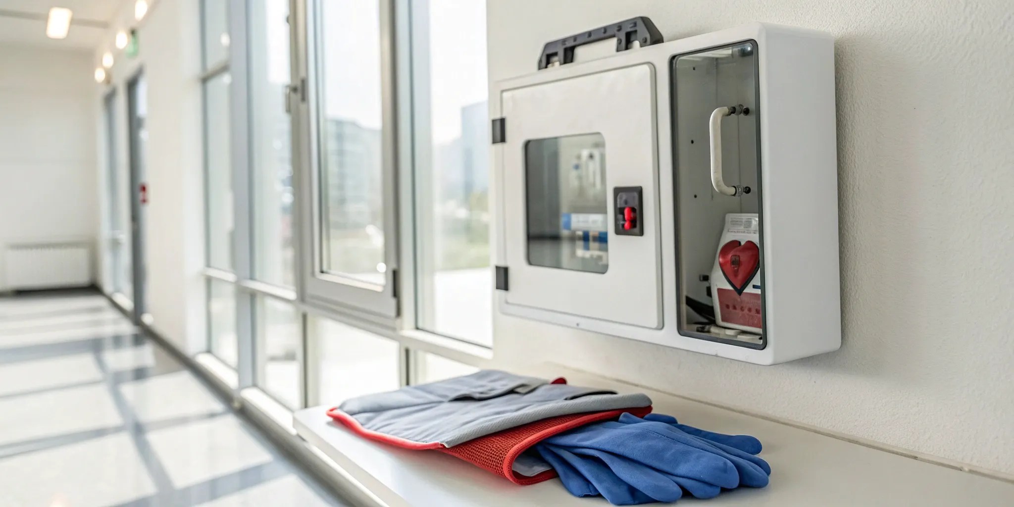 A wall-mounted Automated External Defibrillator clearly labeled with the AED abbreviation.