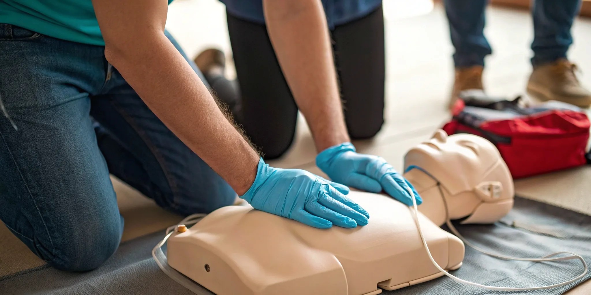 A student practices using an AED and a CPR manikin during an AED certification course.