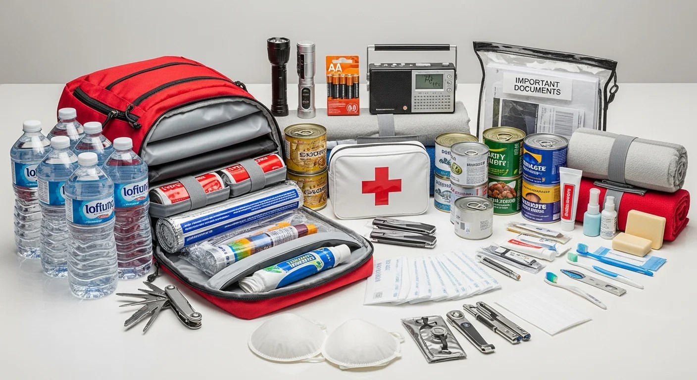 Complete 72-hour emergency kit with red backpack, water bottles, first aid kit, flashlight, batteries, radio, canned food, documents, and hygiene supplies on a white table