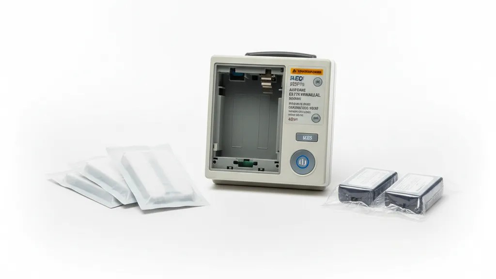AED defibrillator with replacement batteries and electrode pads for maintenance