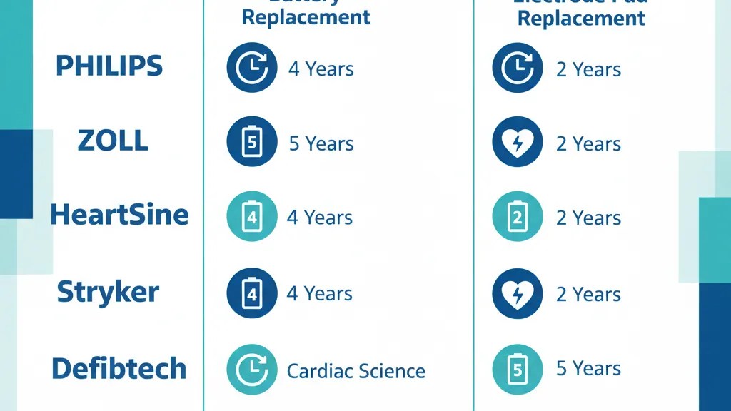 Comparison of AED battery and pad replacement schedules across six major defibrillator brands