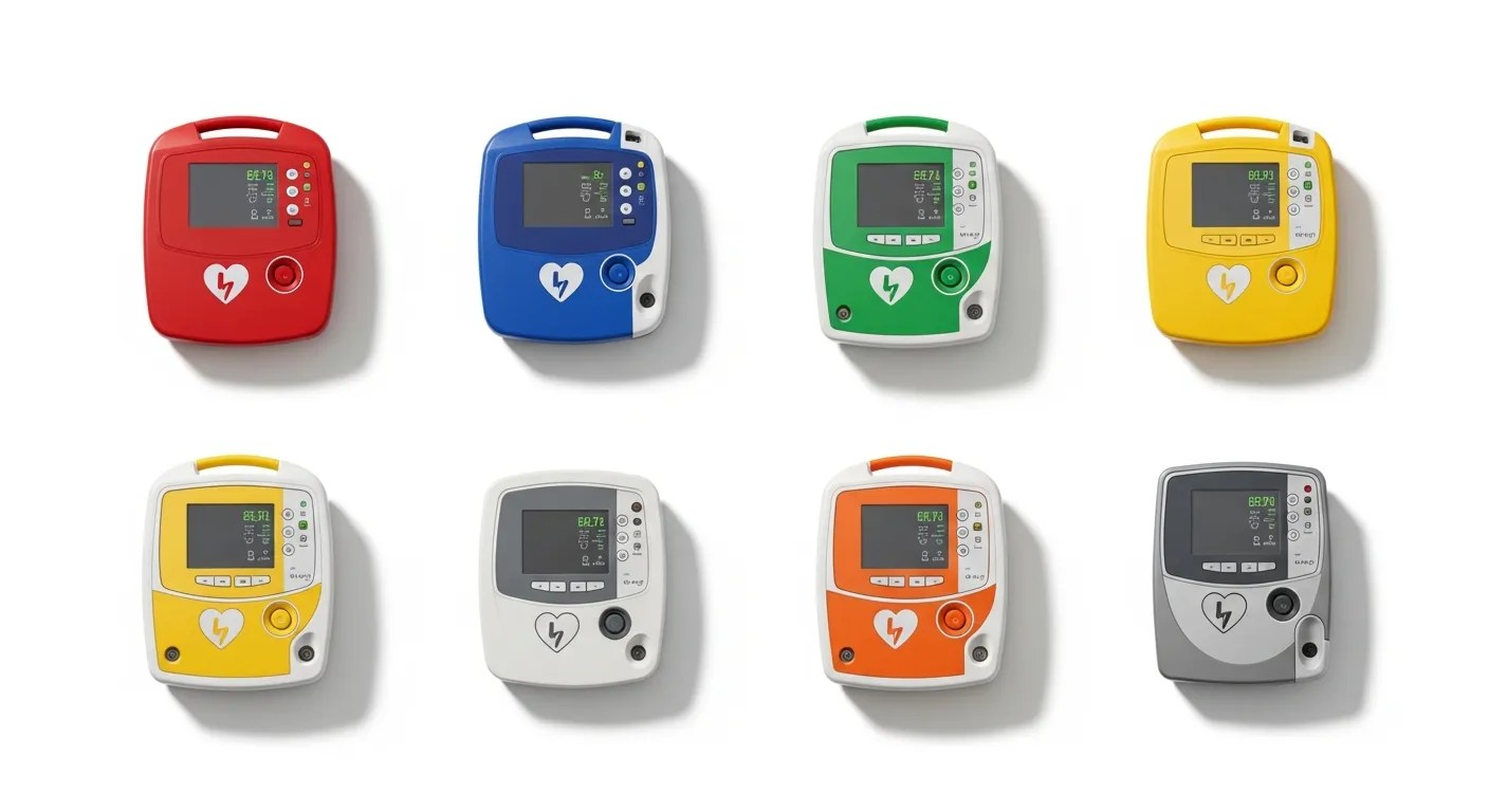 Six FDA-approved AED brands compared side by side including Philips, ZOLL, HeartSine, Defibtech, Cardiac Science, and Stryker defibrillators